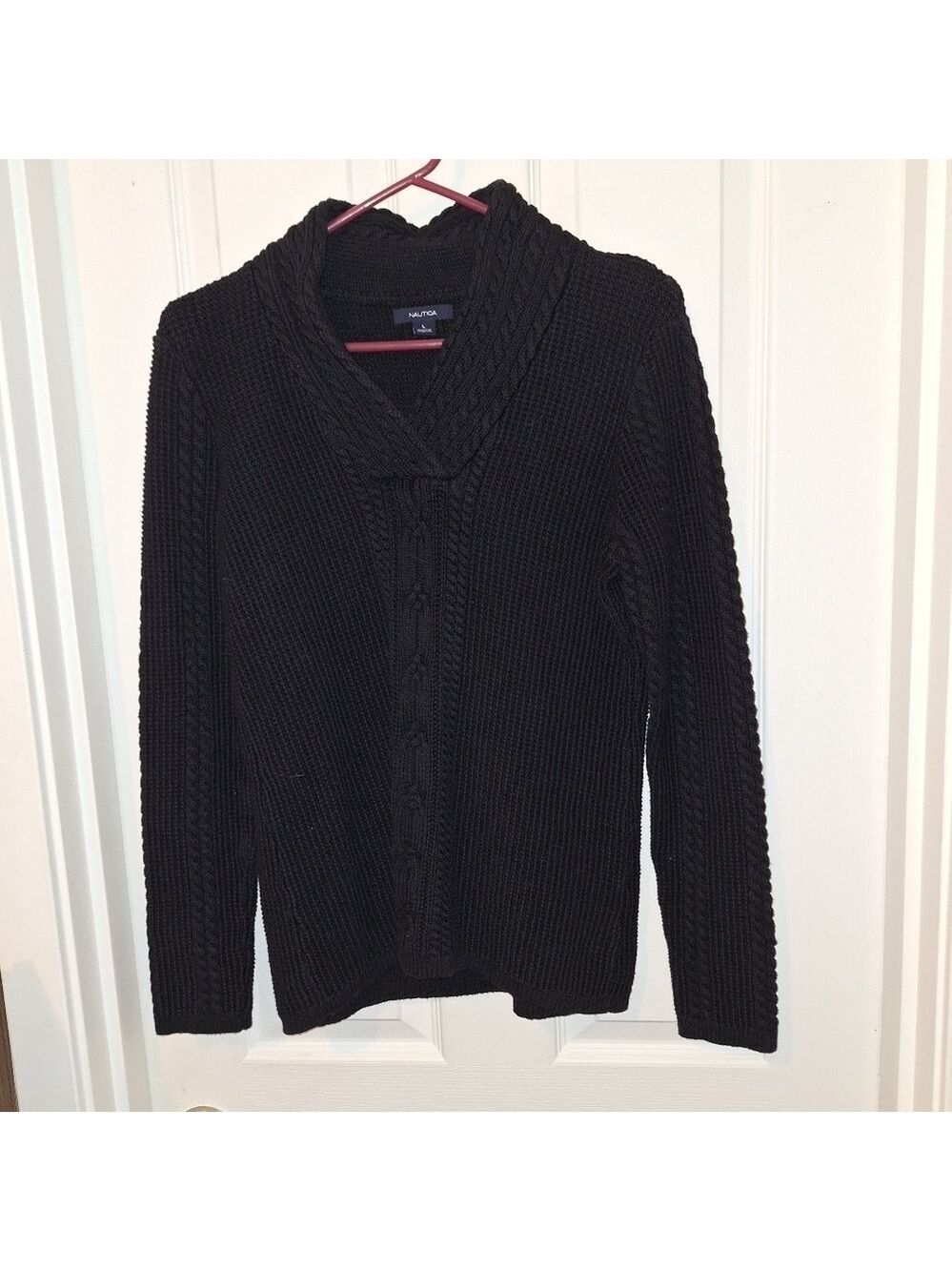 Nautica V Neck Cable Knit Black Sweater Large